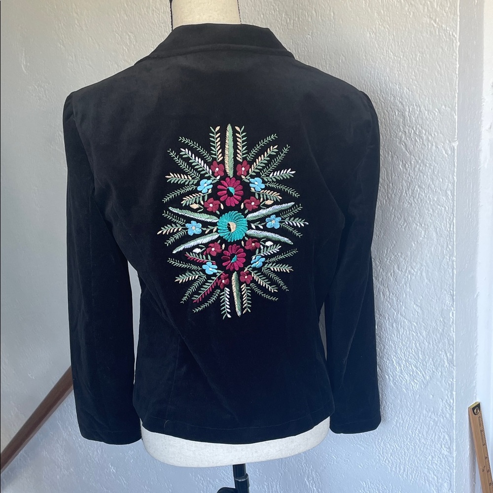 & Trousers Black Velvet Cotton Botanical‎ Floral Embroidered Jacket Size 6